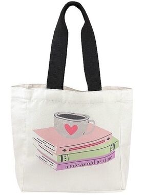 White Canvas Tote Bag with Book & Coffee Print